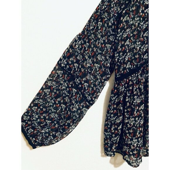 Zara Top Womens Large Black Floral Chiffon Pleated Puffy Sleeve Sheer Romantic - Picture 3 of 7